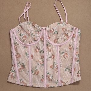 Pretty Garbage Pink Floral Lace Bustier Corset Top, Medium